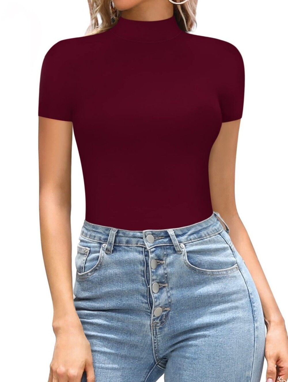 Women's Burgundy Short Sleeve Mock Neck Bodysuit Sz S M L XL 2X